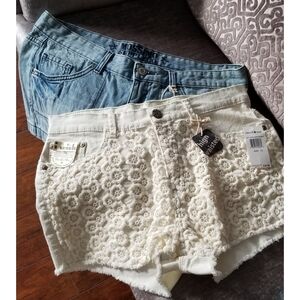 Mossimo Supply Co. Blue and White Jean Shorts with Lace Overlay